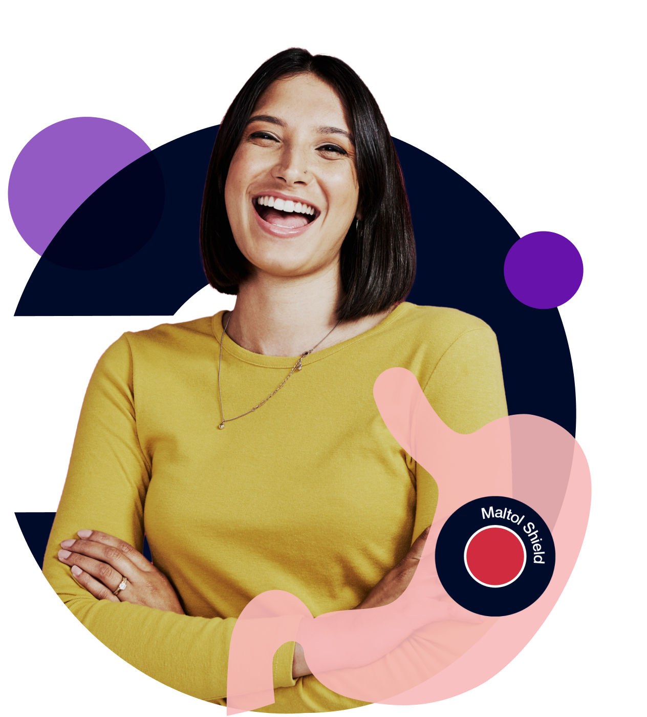 Slide 3/4: Woman smiling with arms crossed overlaid with maltol shield inside stomach imagery