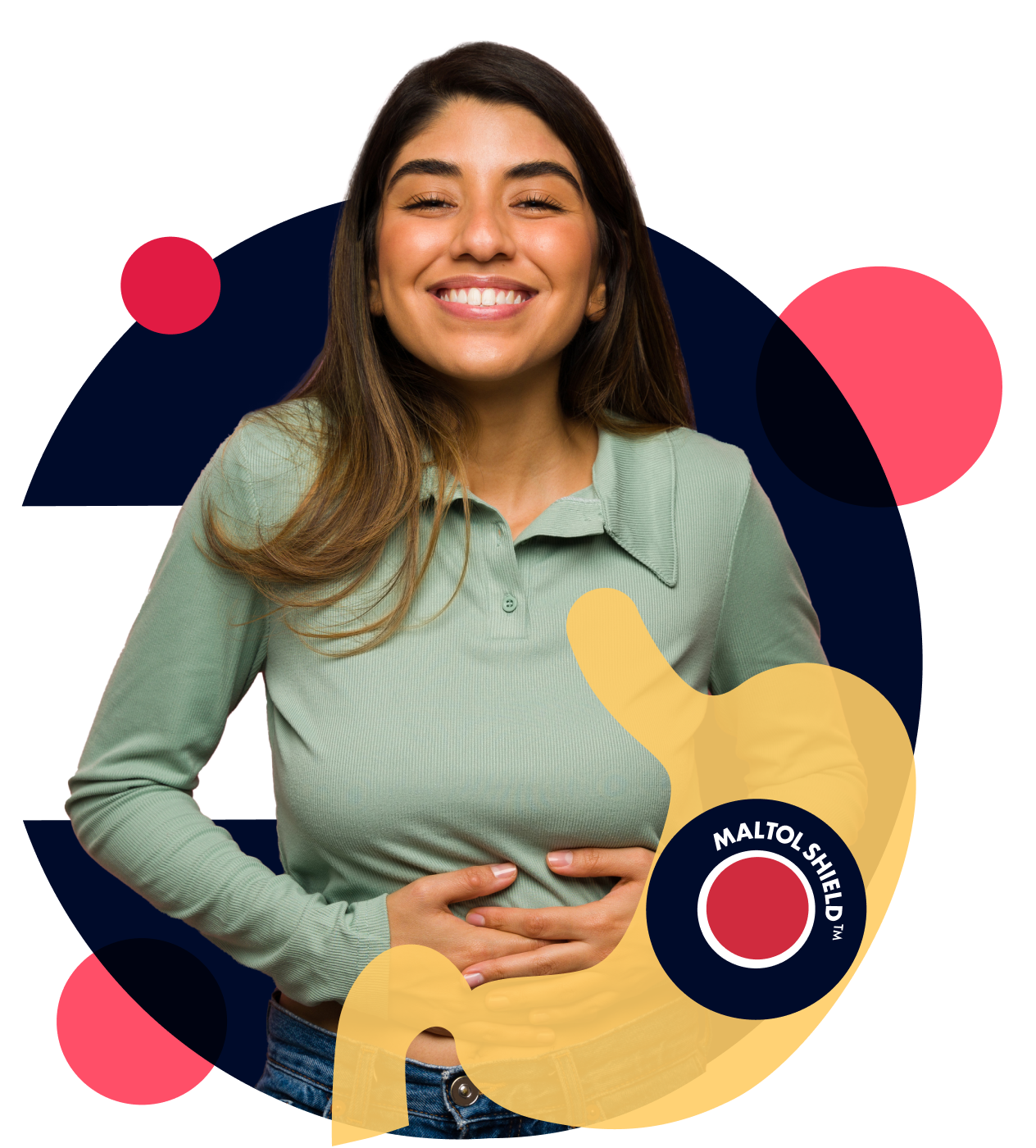 Slide 1/4: Woman with hands on stomach overlaid with MALTOL SHIELD (TM) inside stomach imagery