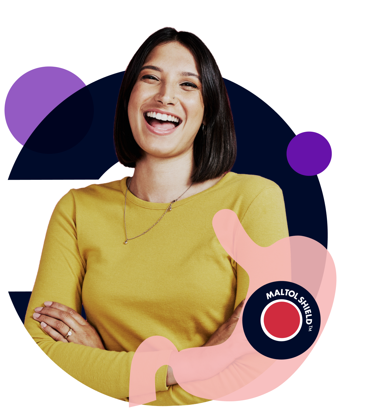Slide 3/4: Woman smiling with arms crossed overlaid with MALTOL SHIELD TM inside stomach imagery