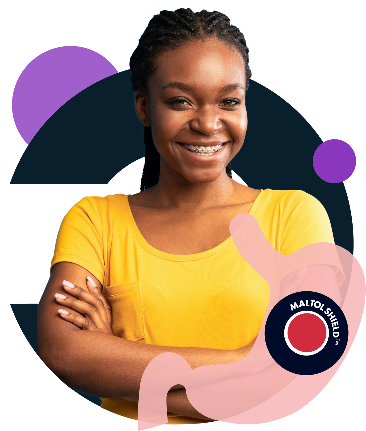 Slide 3/4: Teen girl smiling with arms crossed overlaid with MALTOL SHIELD TM inside stomach imagery